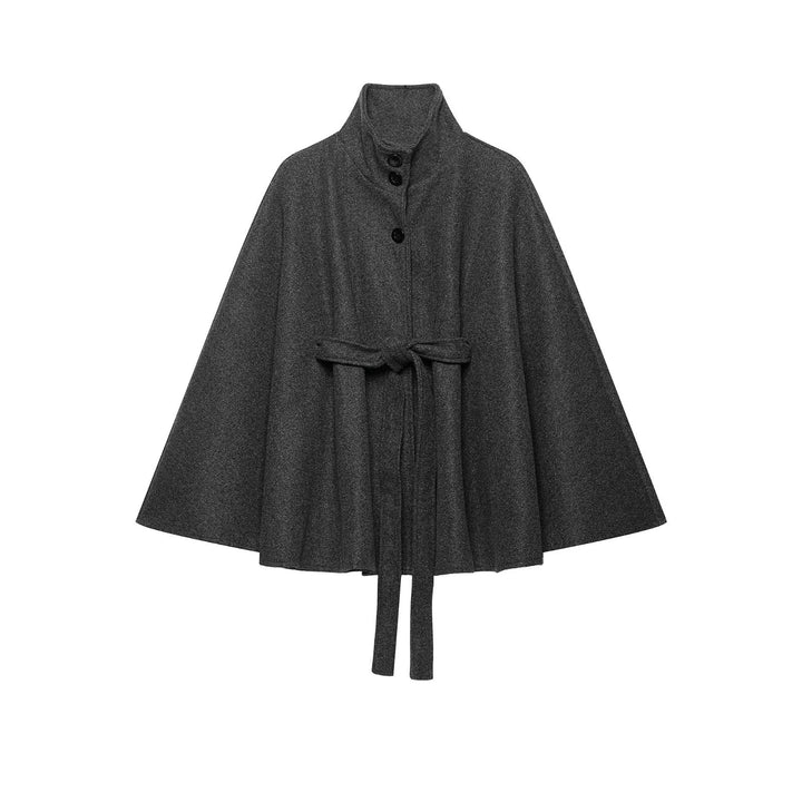 Damen Wollcape-Mantel mit Stehkragen, Knopfverschluss und Bindegürtel Drune