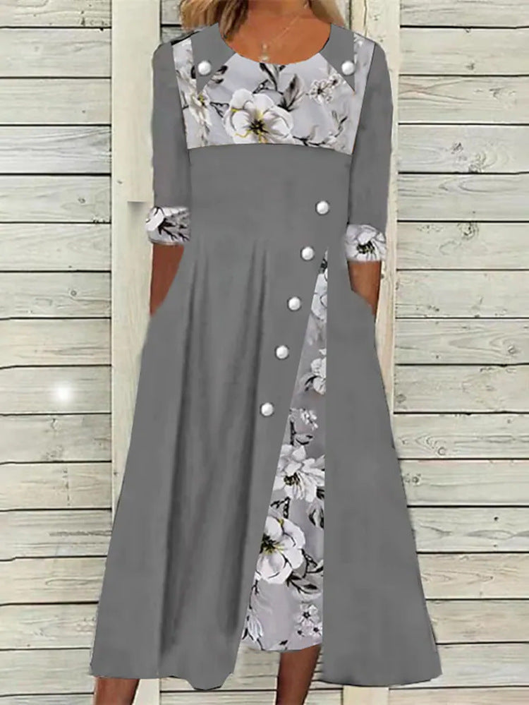 Damen Midi-Kleid mit floralem Kragen und durchgehenden Knopfdetails Drune