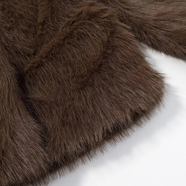 Damen nan kurzem veganer Kunstfell-Croppedjacke mit hohem Stehkragen und verdeckter Front Drune