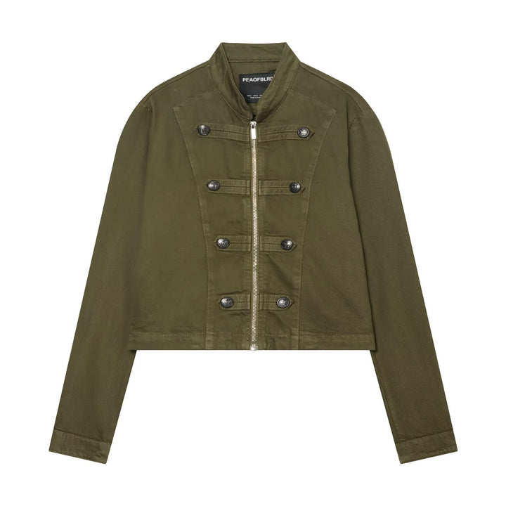 Damen Cropped Military‑Jacke mit Stehkragen, Zierknöpfen und Reißverschluss Drune