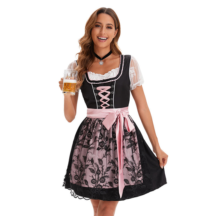 Damen nan traditionelles Dirndlkleid mit Spitzenschürze, gerafftem Rock und Schnürmieder Drune