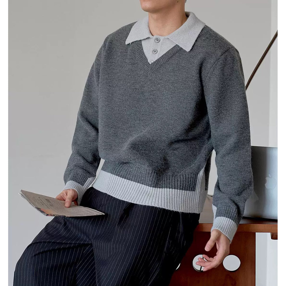 Herren Eleganter Grobstrickpullover mit kontrastierendem Kragen Drune
