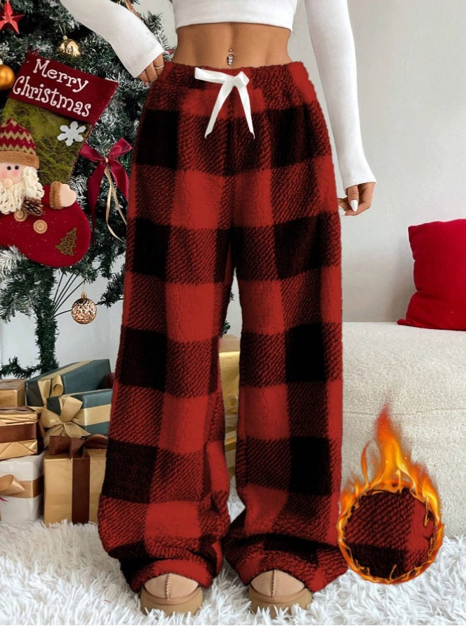 Damen nan kuschelige karierte Fleece-Hose mit Tunnelzugbund und weitem Bein Drune