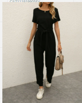 Damen Jumpsuit mit Bindegürtel und weitem Bein Drune
