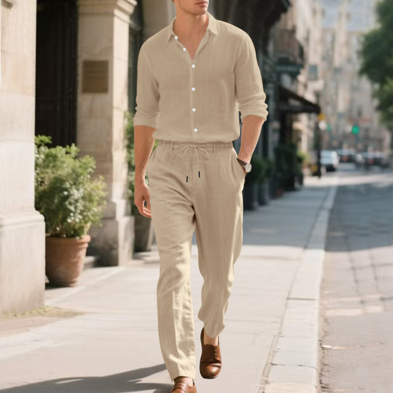 Herren entspannte Leinenhose mit verstellbarem Kordelzug und elastischem Bund Drune