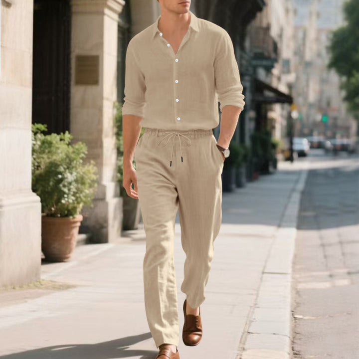 Herren entspannte Leinenhose mit verstellbarem Kordelzug und elastischem Bund Drune