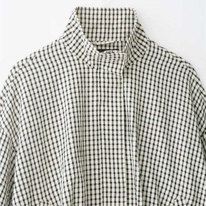 Damen Karierter Cropped-Boxy-Blouson mit Stehkragen und Eingrifftaschen Drune