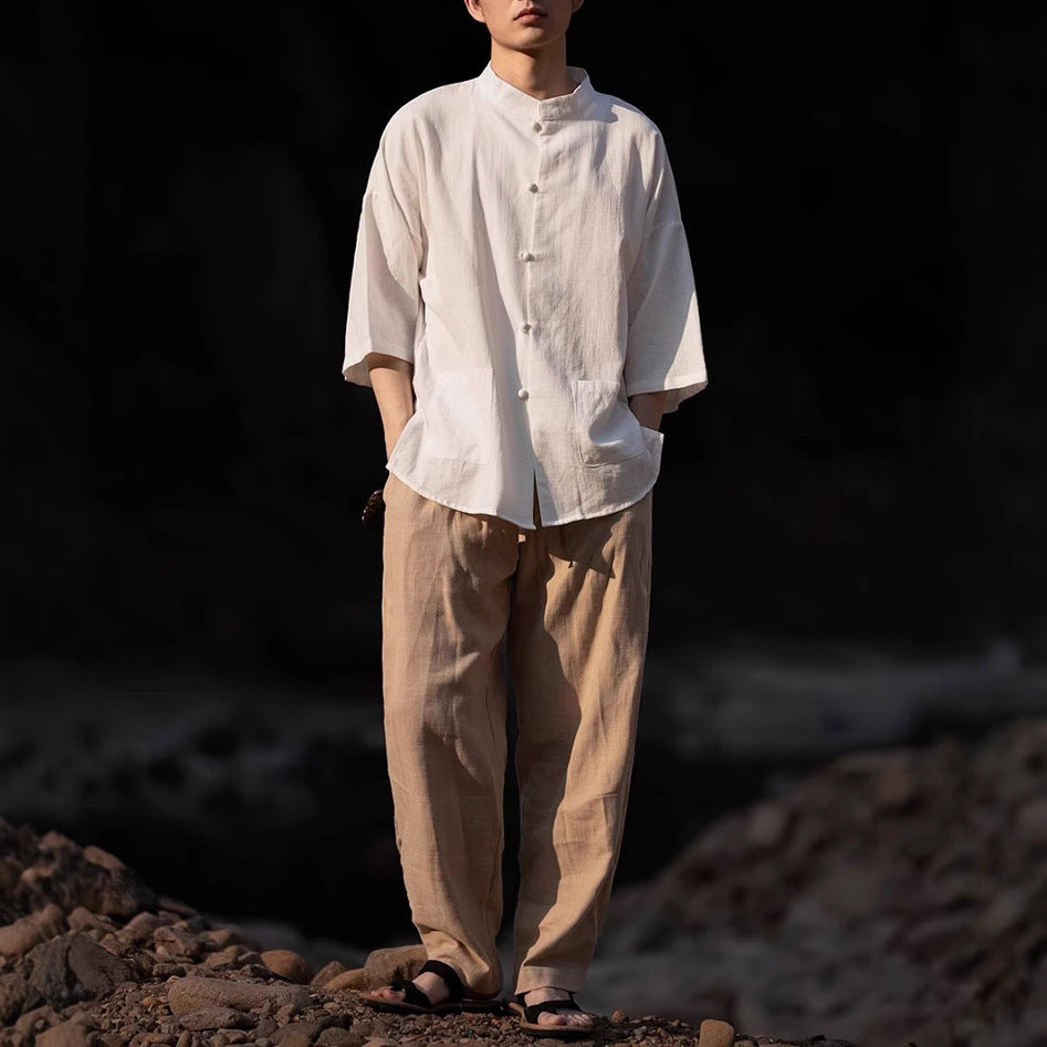 Herren Oversize Hemd im Kimono-Stil aus Leinen-Baumwollmix mit Stehkragen Drune