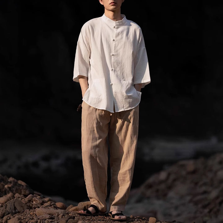 Herren Oversize Hemd im Kimono-Stil aus Leinen-Baumwollmix mit Stehkragen Drune