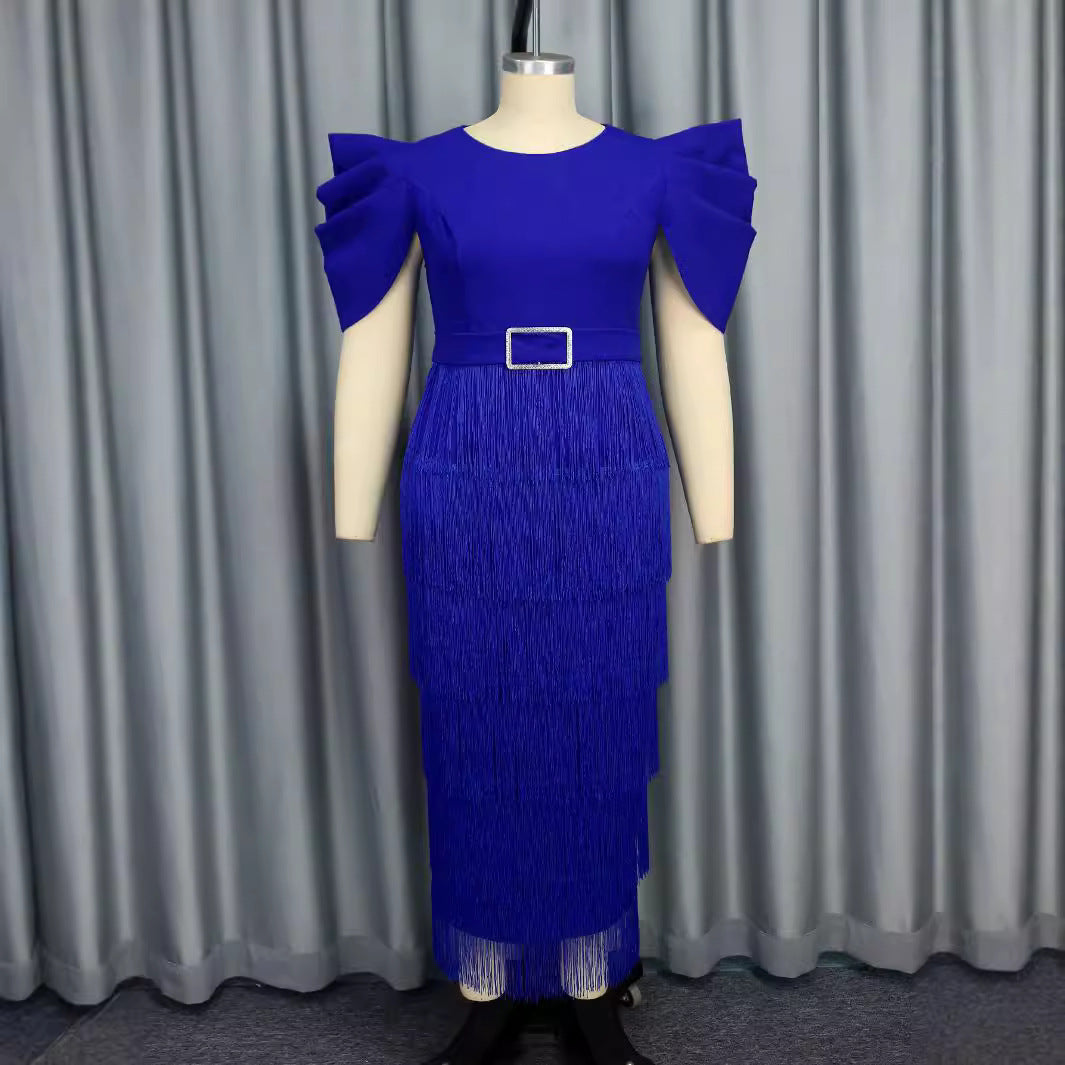 Damen Elegantes Fransen-Maxikleid mit voluminösen Puffärmeln Drune