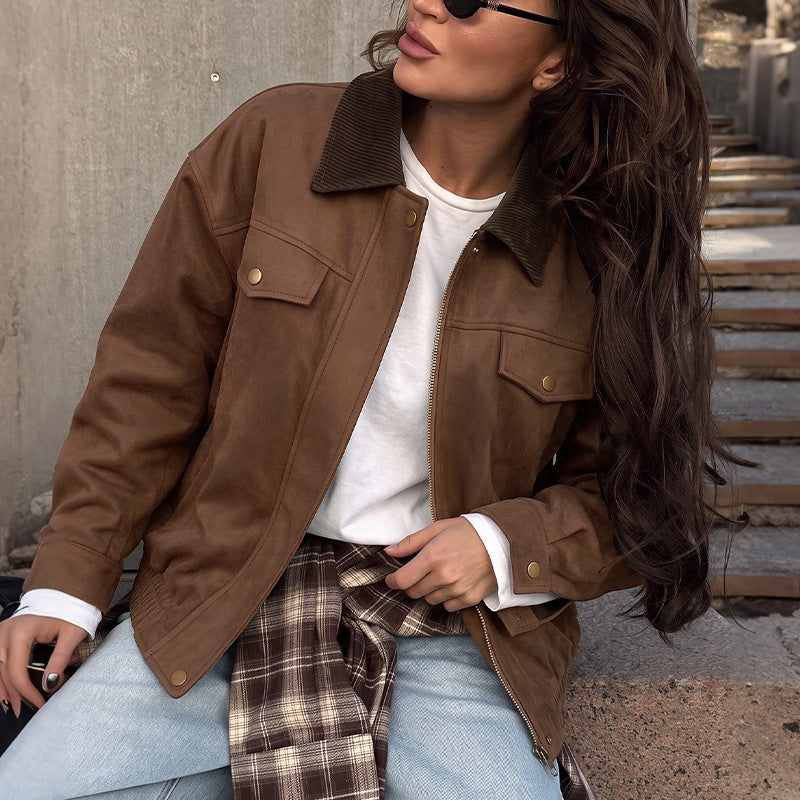 Damen Modische Velours-Lederjacke mit Cordkragen Drune