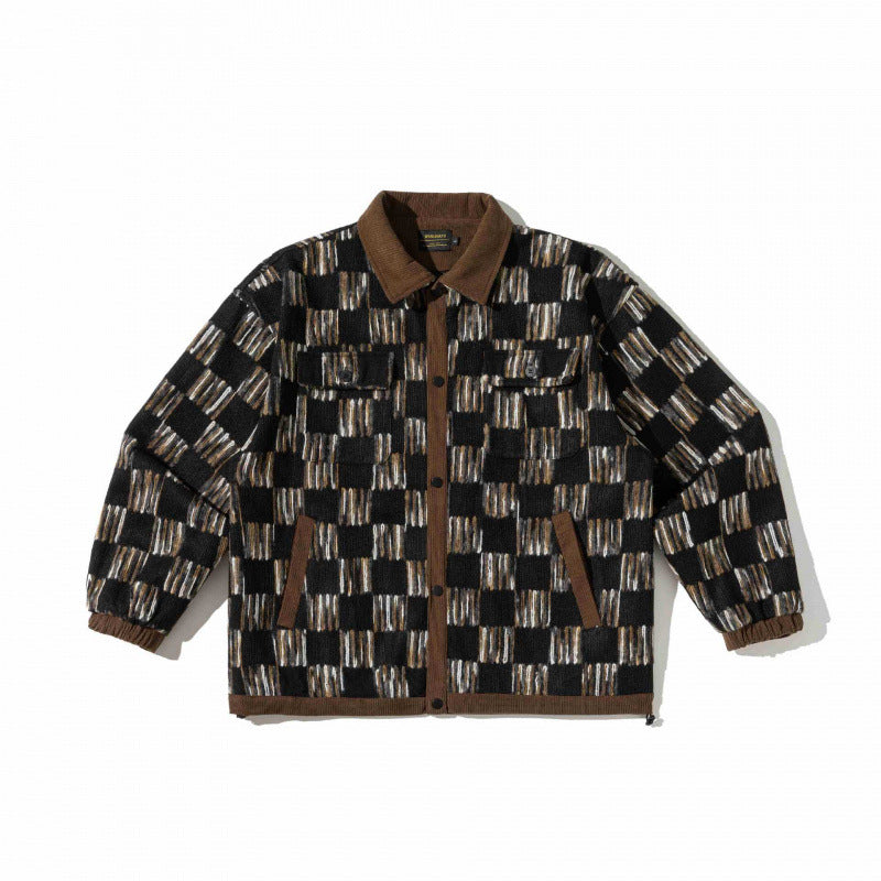 Unisex Kastenförmige Overshirt-Jacke mit Cordkragen, geometrischem Jacquardmuster und Pattentaschen Drune