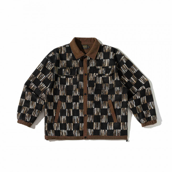 Unisex Kastenförmige Overshirt-Jacke mit Cordkragen, geometrischem Jacquardmuster und Pattentaschen Drune