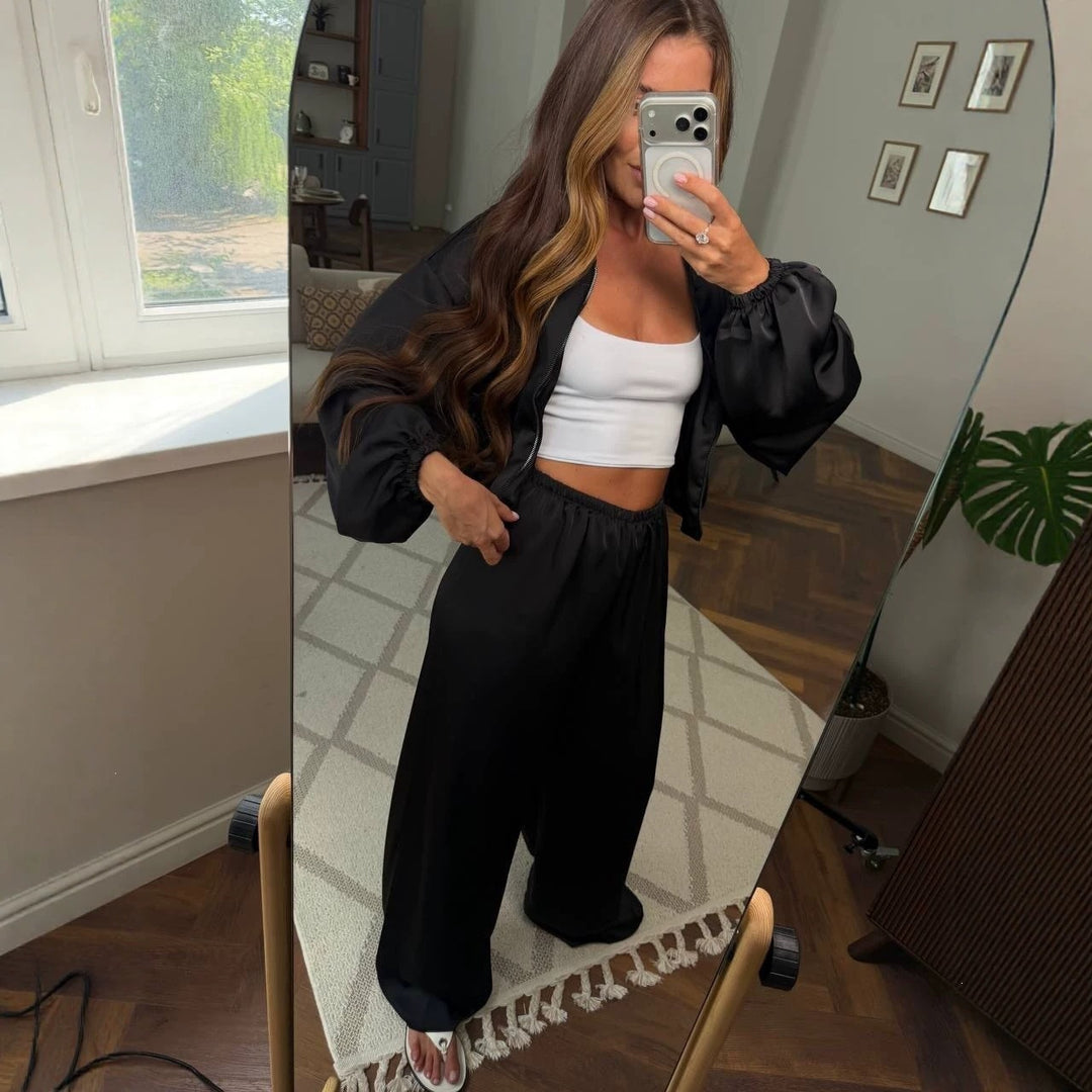 Damen Satin-Loungewear-Set mit kurzer Bomberjacke, Ballonärmeln und weitem Hosenbein Drune