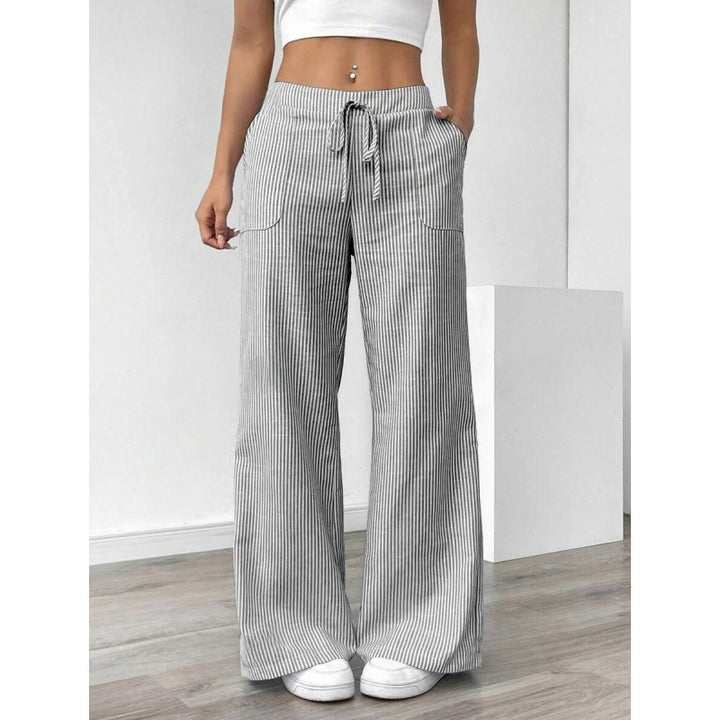 Damen breite Streifenhose mit hohem Taillenbund und praktischen Taschen Drune