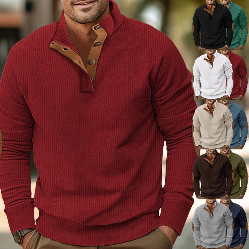 Herren nan strukturiertes Rugby-Pullover mit Stehkragen, Knopfleiste und Leder-Ellenbogenpatches Drune