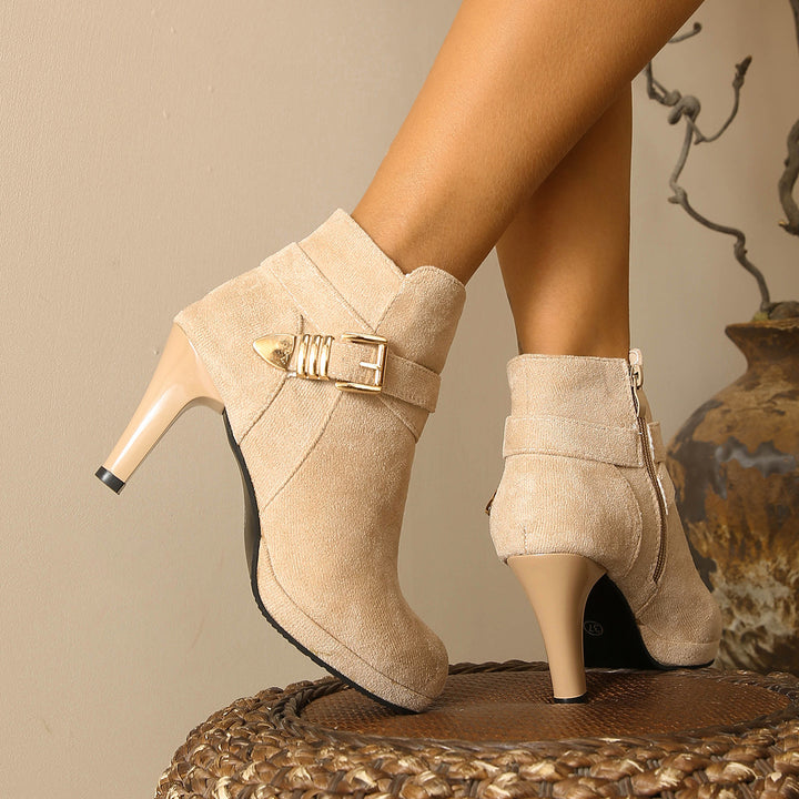 Damen Elegante Ankle-Boots mit hohem Absatz, seitlichem Reißverschluss und dekorativem Schnallengurt Drune