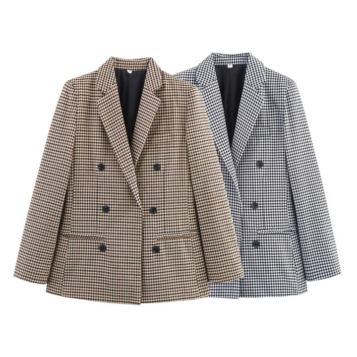 Damen nan taillierter Longblazer im Doppelreiher mit Reverskragen und Pattentaschen Drune
