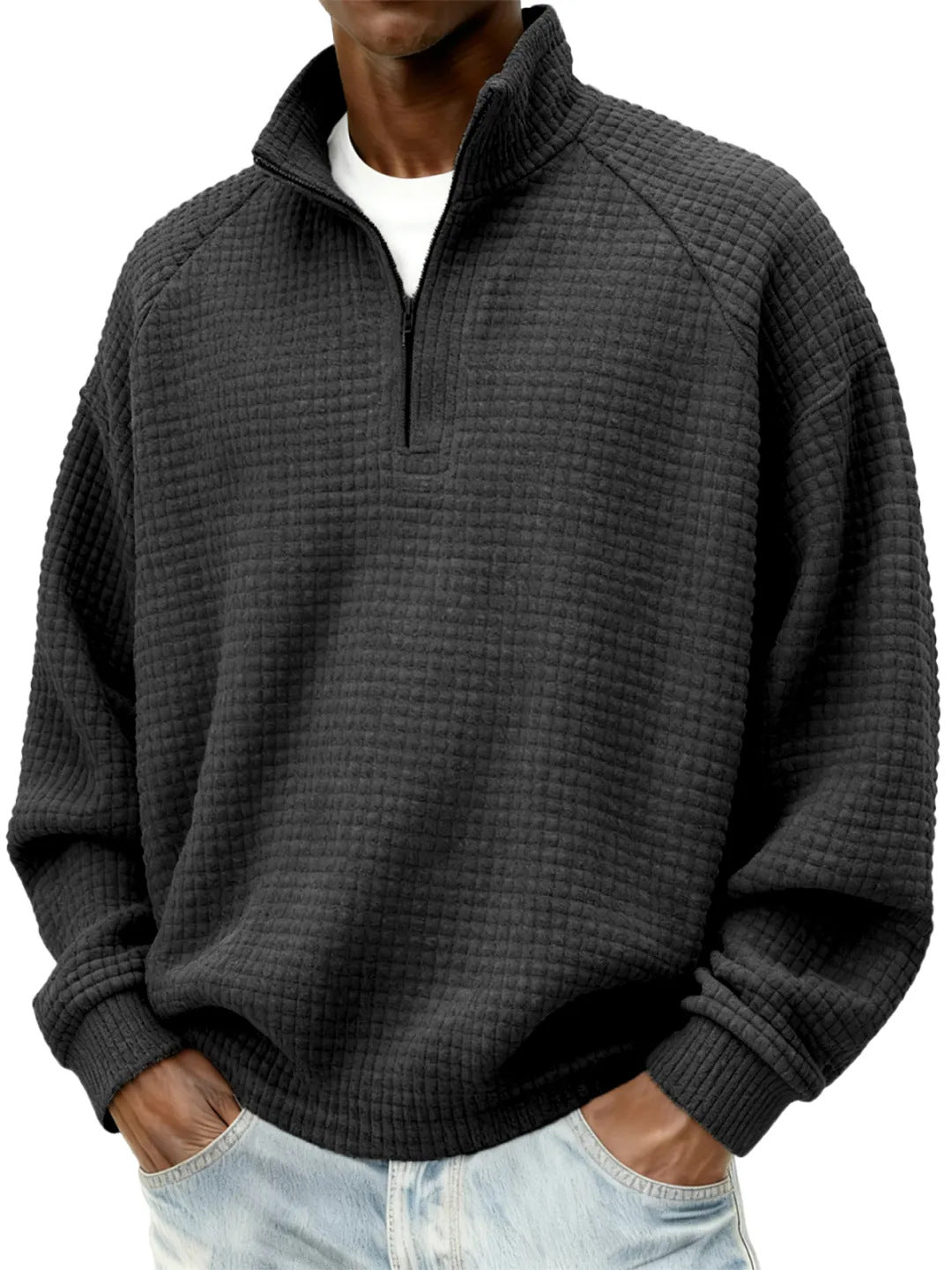 Herren Waffelstrick-Oversize-Pullover mit Halbreißverschluss und Stehkragen Drune