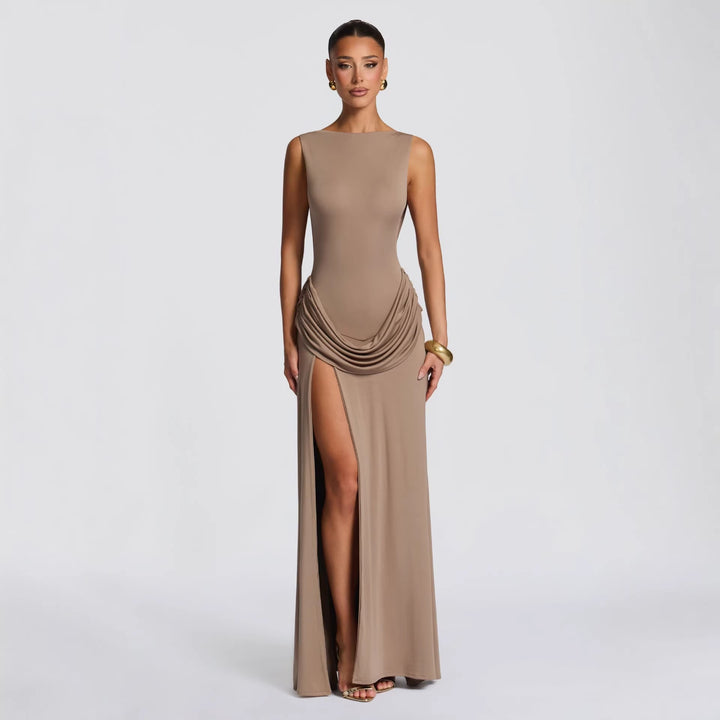 Damen elegantes Wickel-Maxikleid mit asymmetrischem Rüschendesign und sexy Schlitz Drune