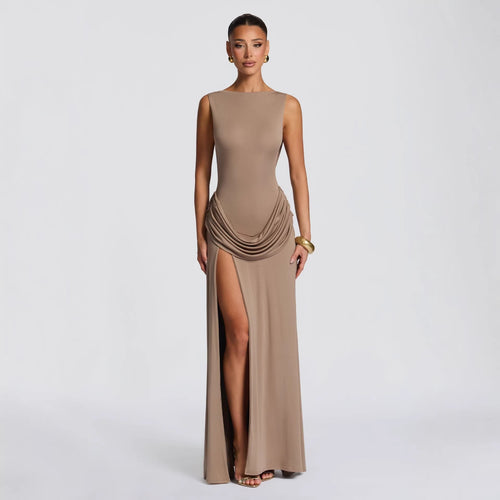 Damen elegantes Wickel-Maxikleid mit asymmetrischem Rüschendesign und sexy Schlitz Drune
