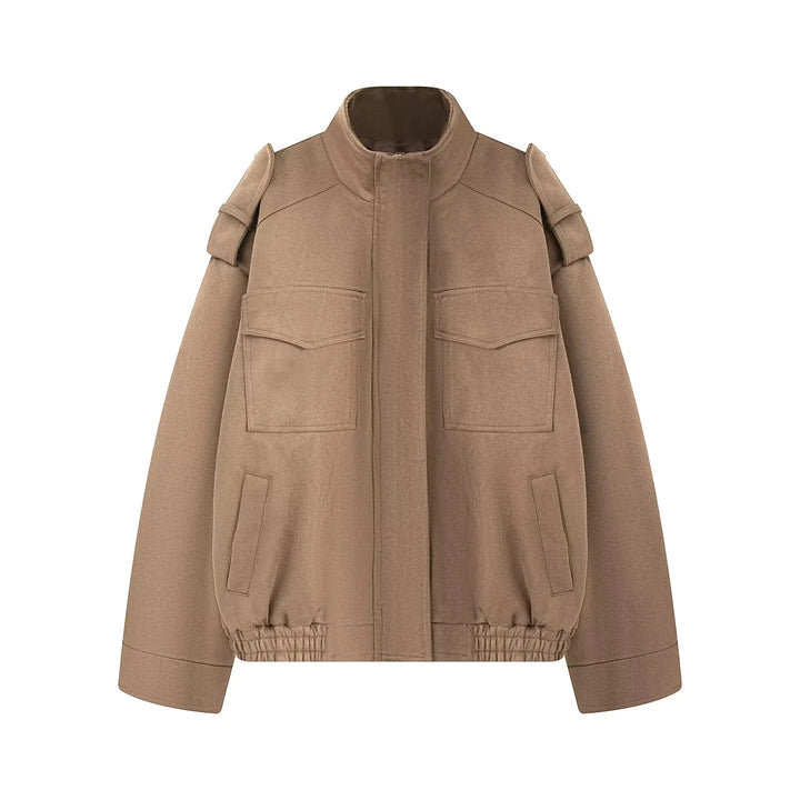 Damen nan kastiger Wollmix-Bomber mit Schulterklappen, Pattentaschen und elastischem Saum Drune