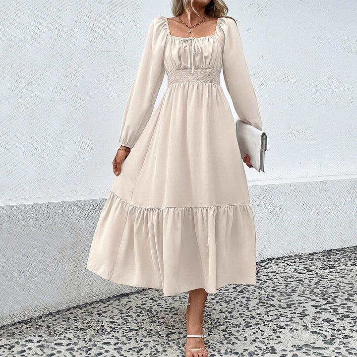 Damen gerafftes Midikleid mit Smok-Taillenbund, eckigem Ausschnitt, langen Puffärmeln und stufigem Volantrock Drune