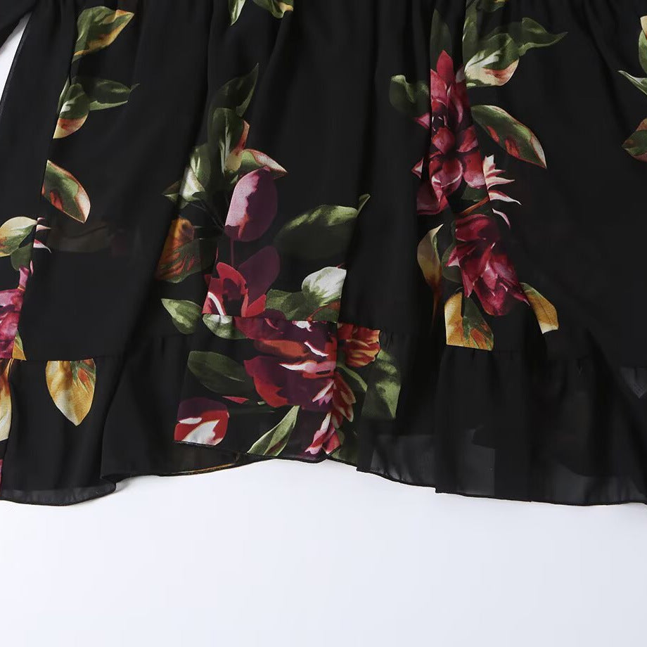 Damen Maxikleid mit Blumenprint, Stufenrock und Volantärmeln Drune