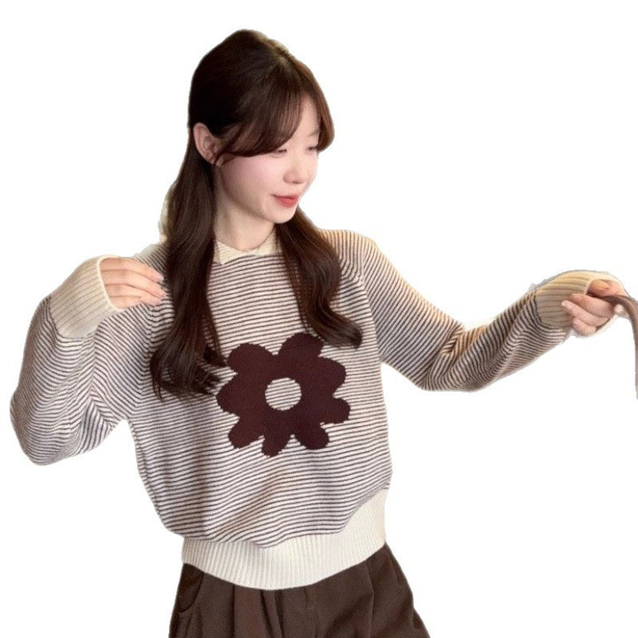 Damen gestreifter Pullover mit floraler Applikation und lässigem Schnitt
