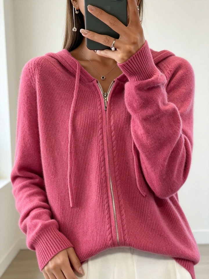 Damen Kapuzen-Cardigan mit Reißverschluss, feinem Feinstrick und gerippten Bündchen Drune