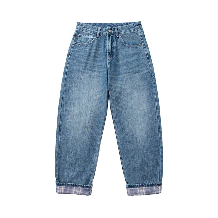 Damen High‑Waist Relaxed‑Fit Jeans mit weitem Bein, umgeschlagenem Saum und karierter Innenfutter Drune