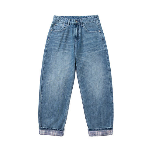Damen High‑Waist Relaxed‑Fit Jeans mit weitem Bein, umgeschlagenem Saum und karierter Innenfutter Drune