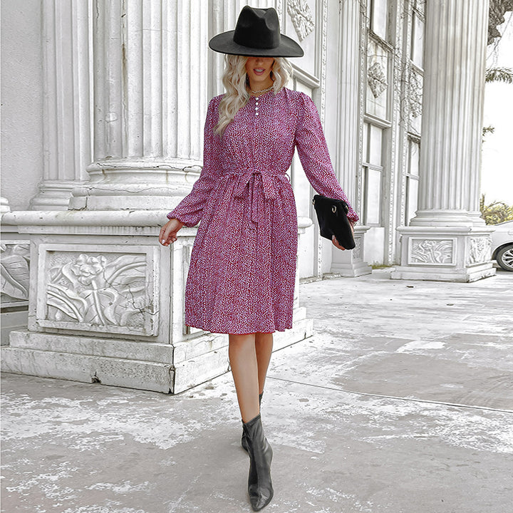 Damen Midikleid mit Stehkragen, Taillenband und langen Ärmeln Drune