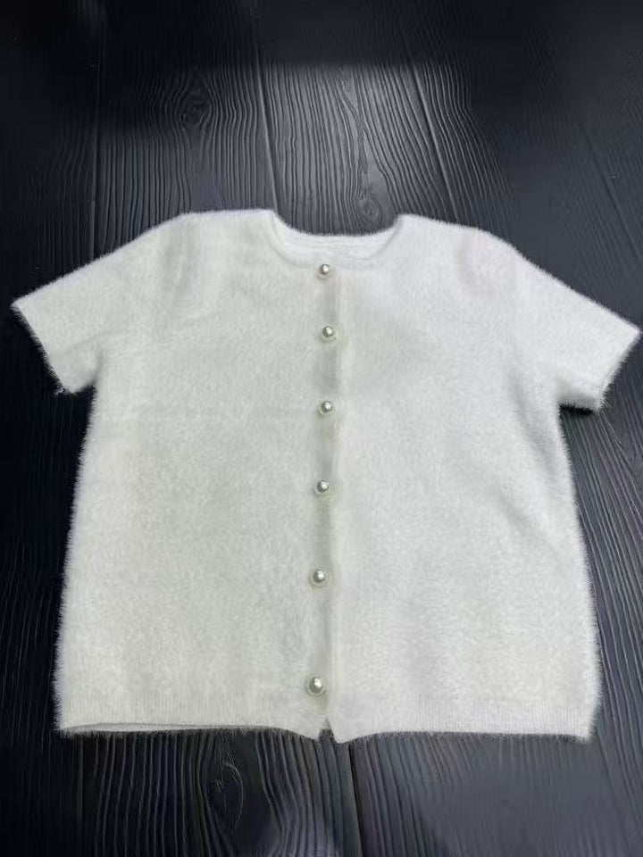 Damen Flauschiger Strickpullover mit Perlenknöpfen Drune