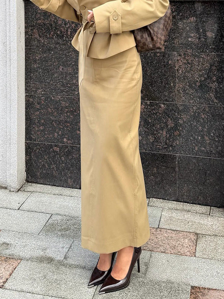 Damen Tailliertes Trench-Set mit Schößchen, Bindegürtel & Bleistiftrock Drune