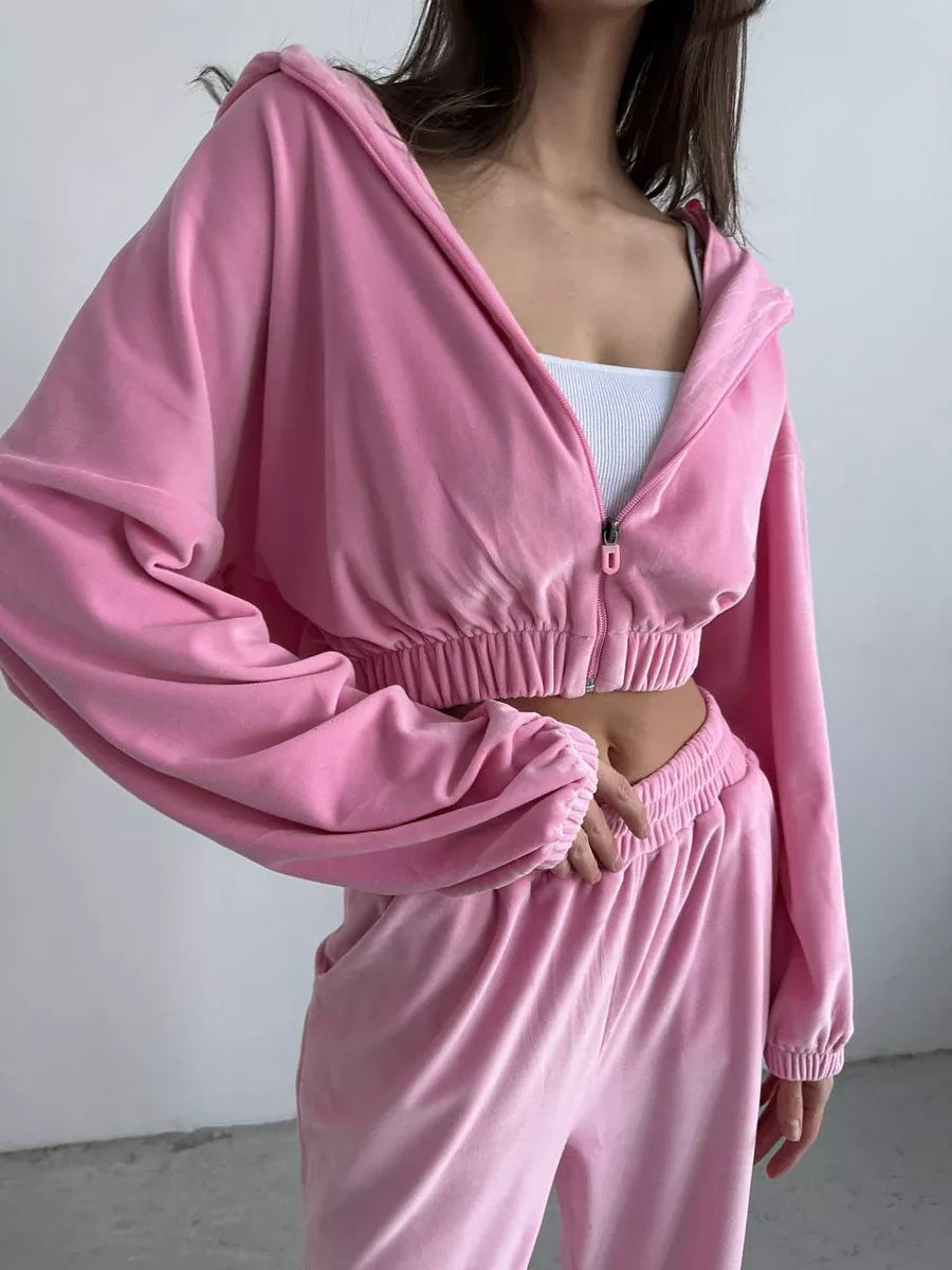 Damen Cropped Samt-Loungewear-Set mit kurzem Reißverschluss, elastischem Taillenbund und weiter Jogginghose Drune