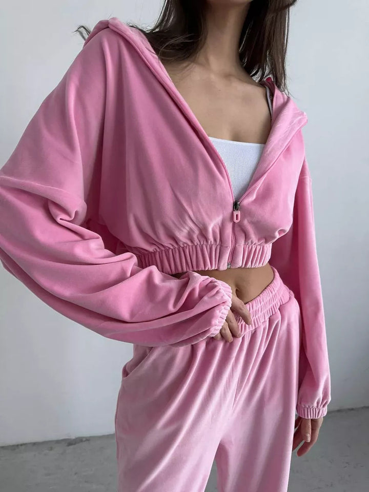 Damen Cropped Samt-Loungewear-Set mit kurzem Reißverschluss, elastischem Taillenbund und weiter Jogginghose Drune
