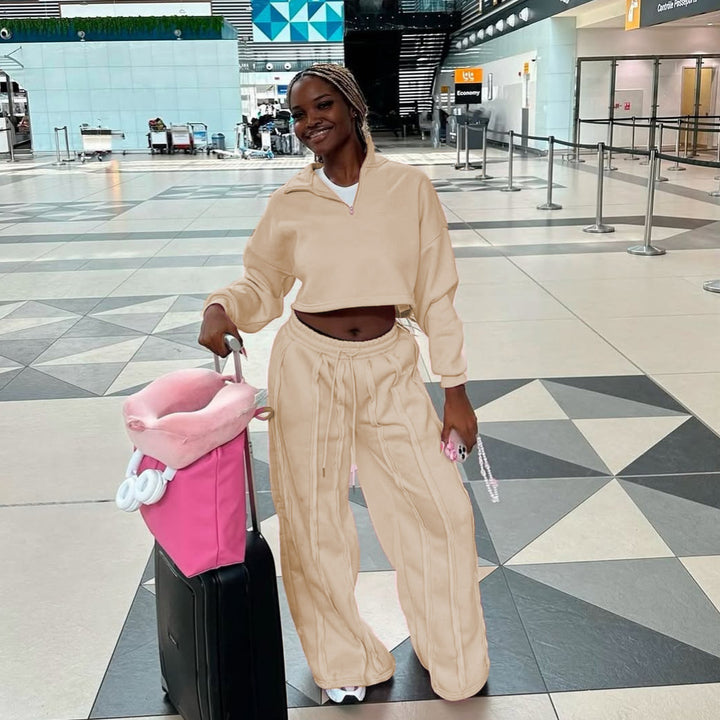 Damen Crop-Halbzip-Sweatshirt und High-Waist Wide-Leg Loungehose Set mit sichtbaren Naht-Details Drune