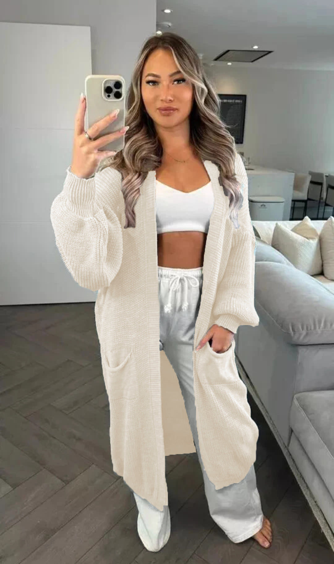 Damen Großer Strickcardigan mit offenem Schnitt und praktischen Taschen Drune