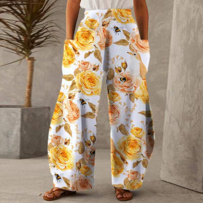 Damen Weite Blumen-Hosen mit Taschen und elastischem Bund Drune