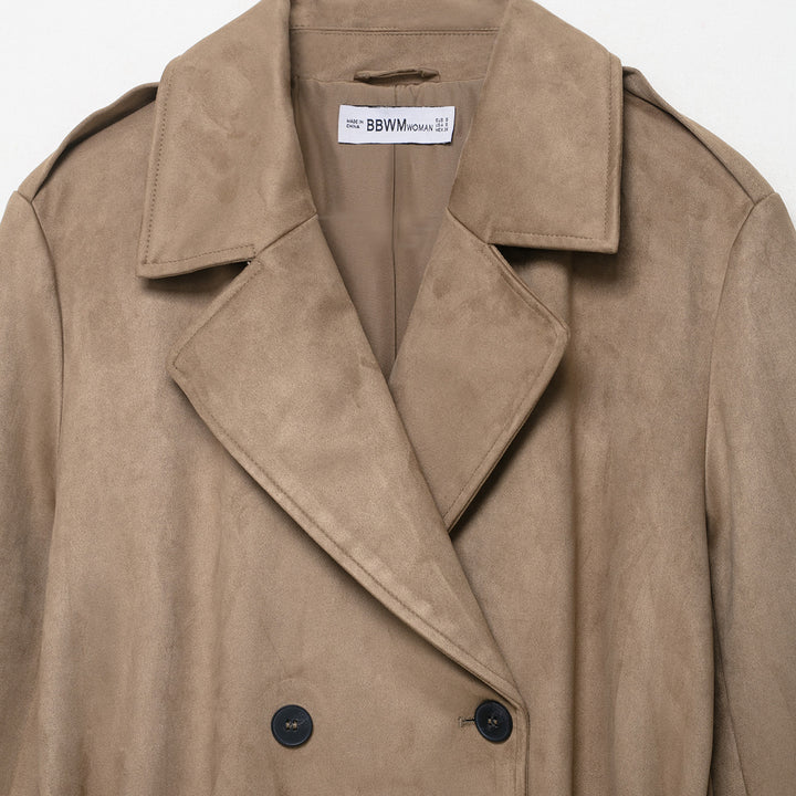 Damen Trenchcoat in Veloursleder-Optik doppeltreihig mit Taillengürtel Drune