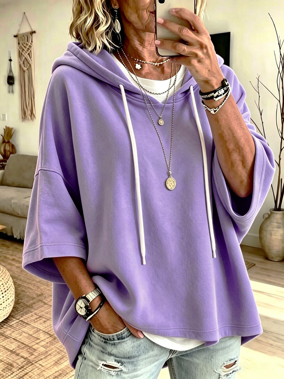 Damen Kurzarm-Oversize-Hoodie mit Kapuze und Kontrastkordel Drune