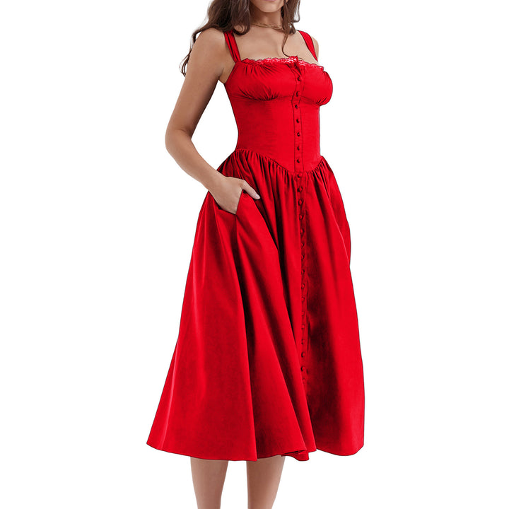 Damen Maxi-Kleid mit knöpfbarem Oberteil und schwingendem Rock Drune
