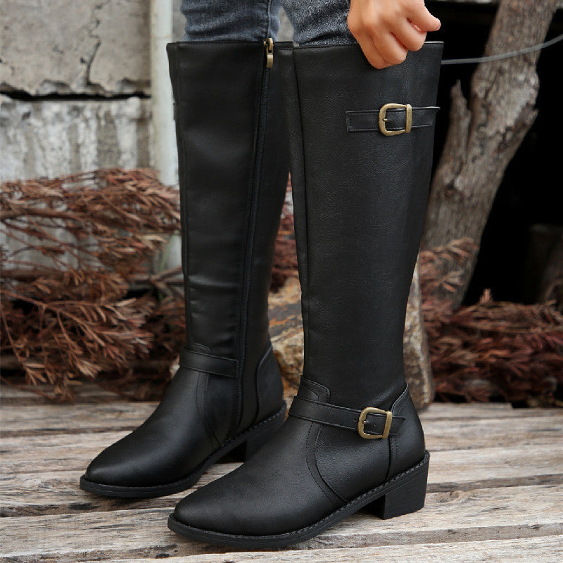 Damen  kniehohe Stiefel in Lederoptik mit seitlichem Reißverschluss und Zierschnalle Drune
