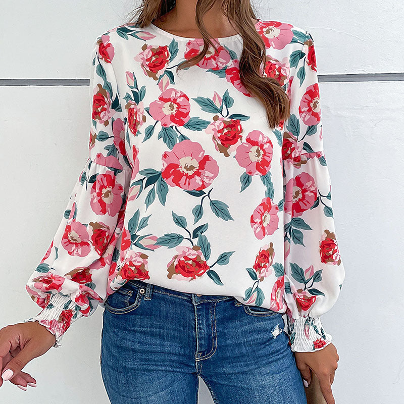 Damen Leichte Bluse mit großflächigem Blumenprint, Volumenärmeln und Smokbündchen Drune