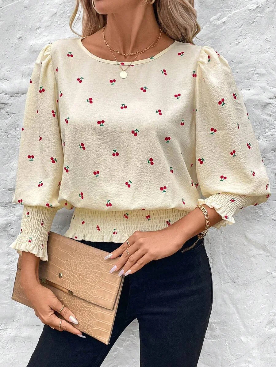 Damen Leichte Feinstruktur-Bluse mit Ballonärmeln, Smockbündchen und Rundhals Drune