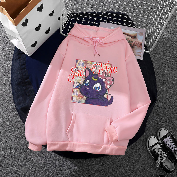 Damen nan Oversize-Kapuzenpullover mit glitzerndem Anime-Katzen-Motiv, Kängurutasche und weichem Fleece-Innenfutter Drune
