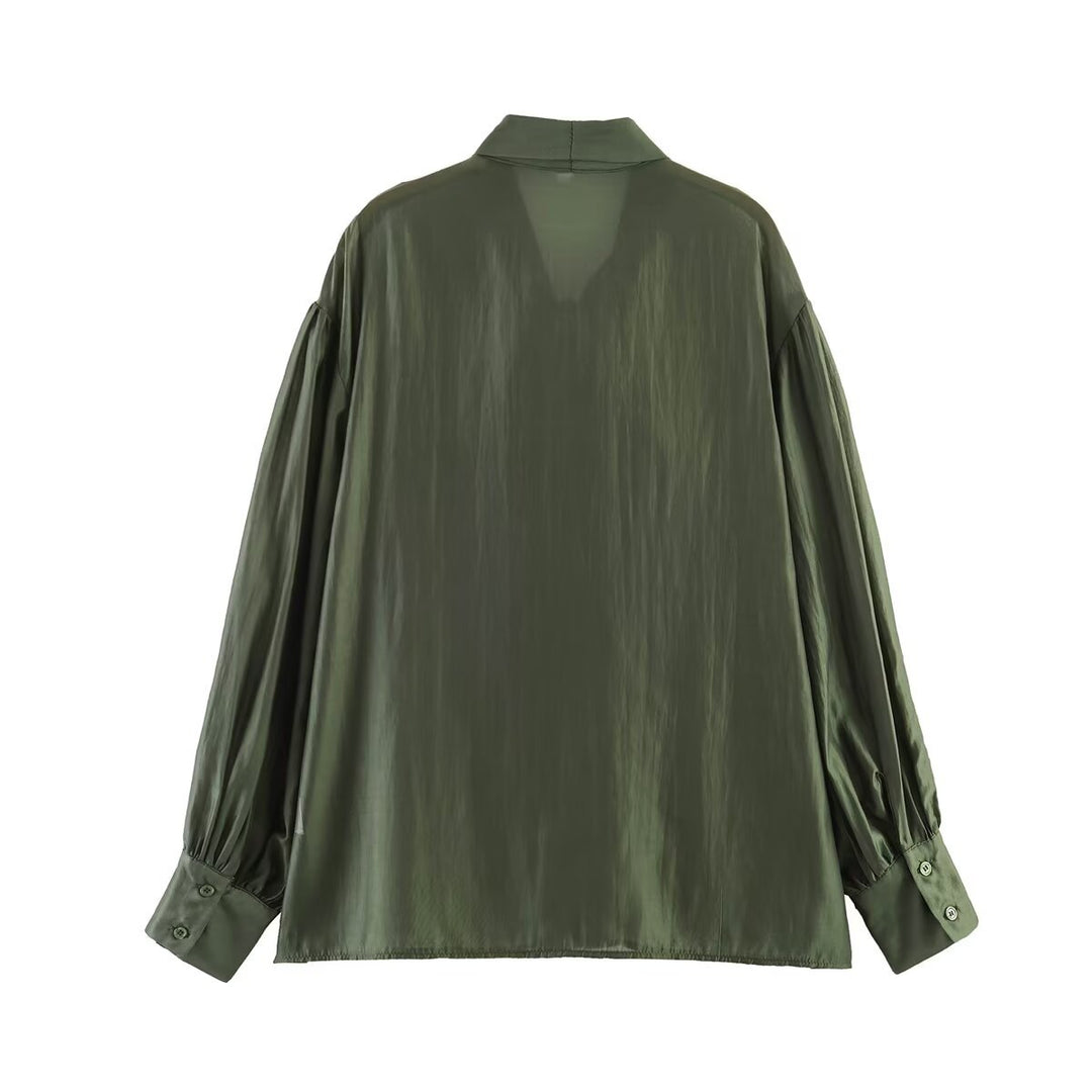 Damen Schluppenbluse aus glänzendem Satin mit voluminösen Ballonärmeln Drune