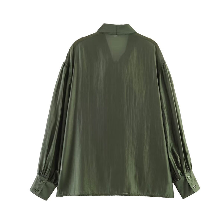 Damen Schluppenbluse aus glänzendem Satin mit voluminösen Ballonärmeln Drune