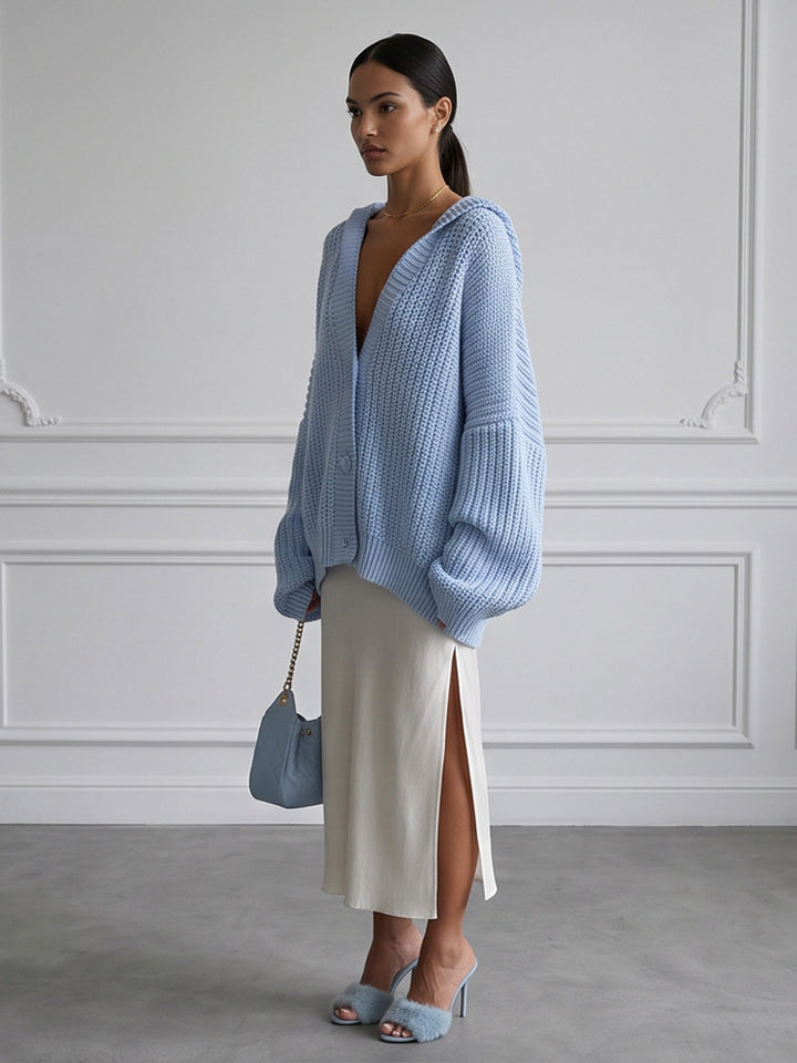 Damen Oversized Kapuzen-Strickcardigan mit Ballonärmeln und Knopfleiste Drune